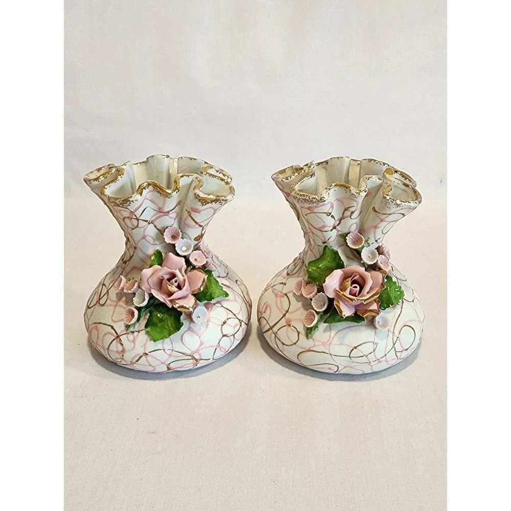 Vintage Lefton China Hand Painted Rose Bud Vases Set 2 Pink Gold 1959‎ Spaghetti